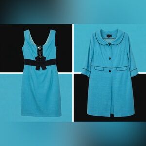 Turquoise Mod Textured Dress & Coat Set Size 14 Black Trim Retro 60s